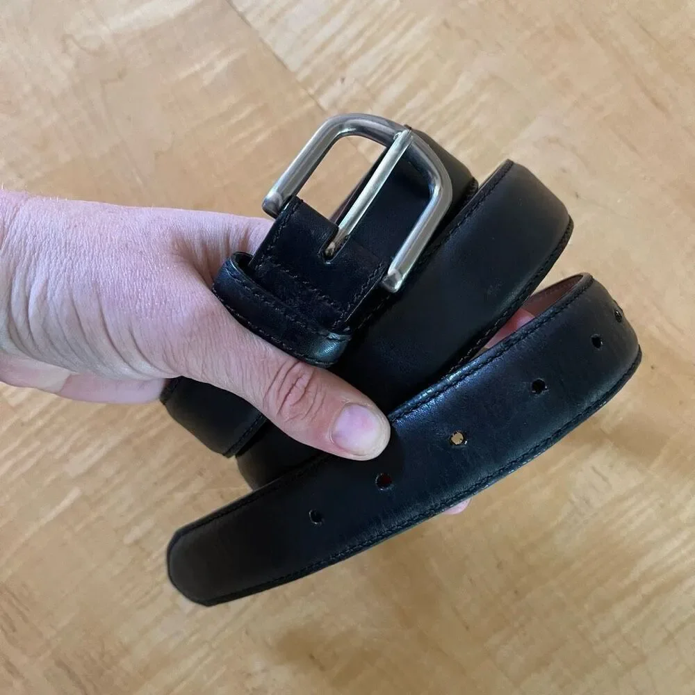 L.L.Bean Black Full Grain Leather Belt Sz 46 USA Silver Buckle 42–49